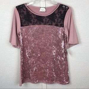 BNLK Pink Rose Crushed Velvet & Black Lace Blouse